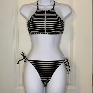 Black and white striped halter bikini.